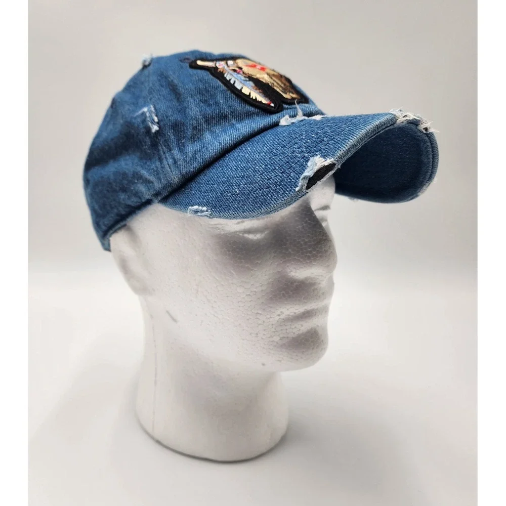 KB ETHOS VINTAGE DENIM DISTRESSED TRUCKER BASEBALL HAT CAP BULL SKULL PATCH
